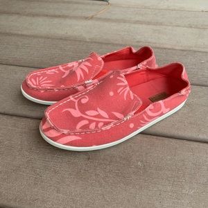 Olukai Nohea Canvas Print Slip On Shoes Drop in Heel Red Women 7.5